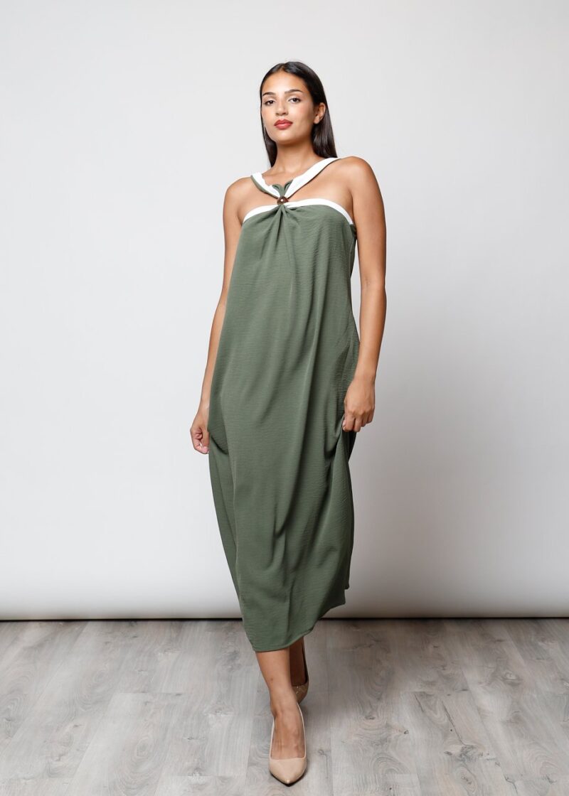 Vestido largo verde con escote nudo y tirantes bicolor, ideal para verano mujer Canarias
