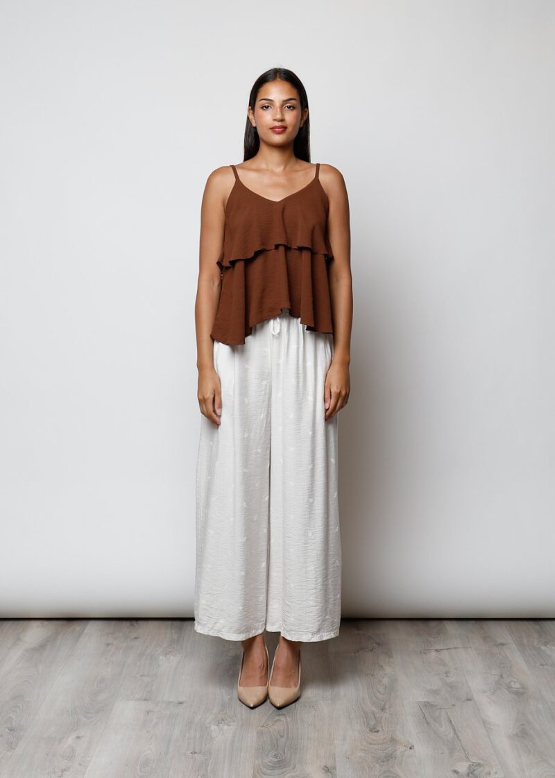 Top marrón con volantes y tirantes finos, ropa fresca verano mujer Canarias