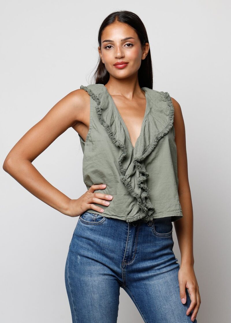 Blusa verde oliva con volantes y escote en pico para mujer