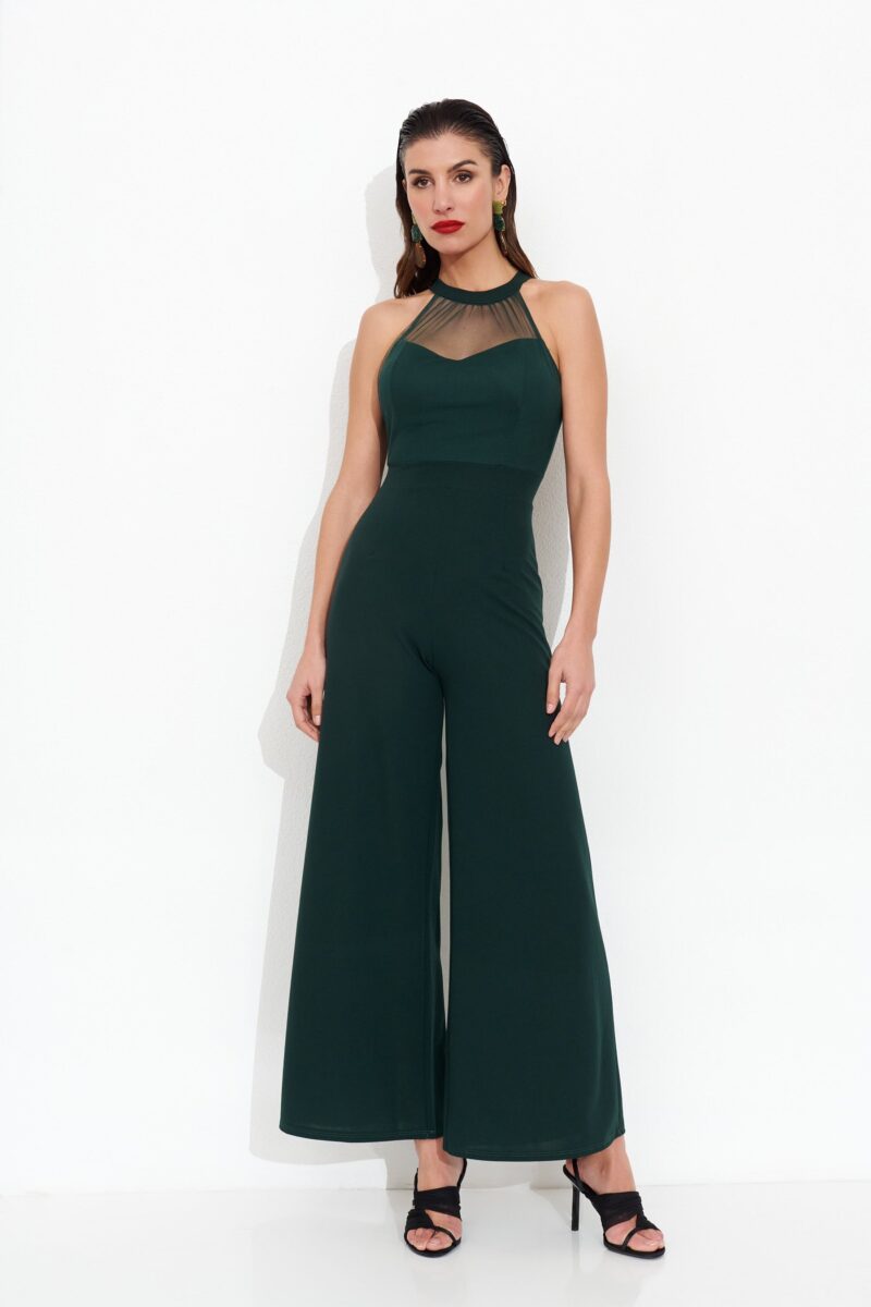 Mono Marisol elegante de pierna ancha con escote ilusión, color verde botella, ideal para boda, bautizo o comunión – Maemuki Shop