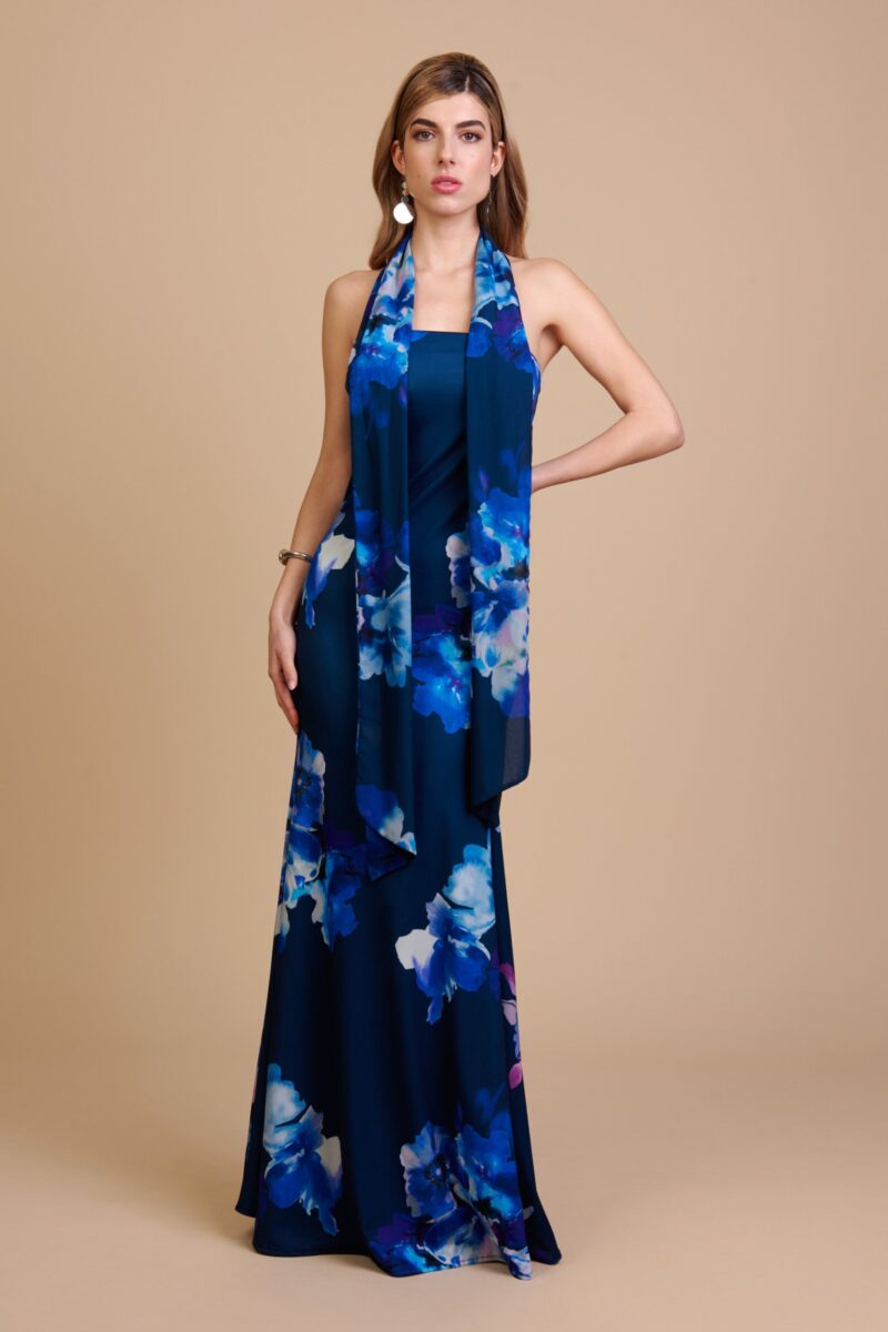 Vestido Antonella azul floral largo con escote halter y pañuelo a juego – Maemuki Shop Tenerife