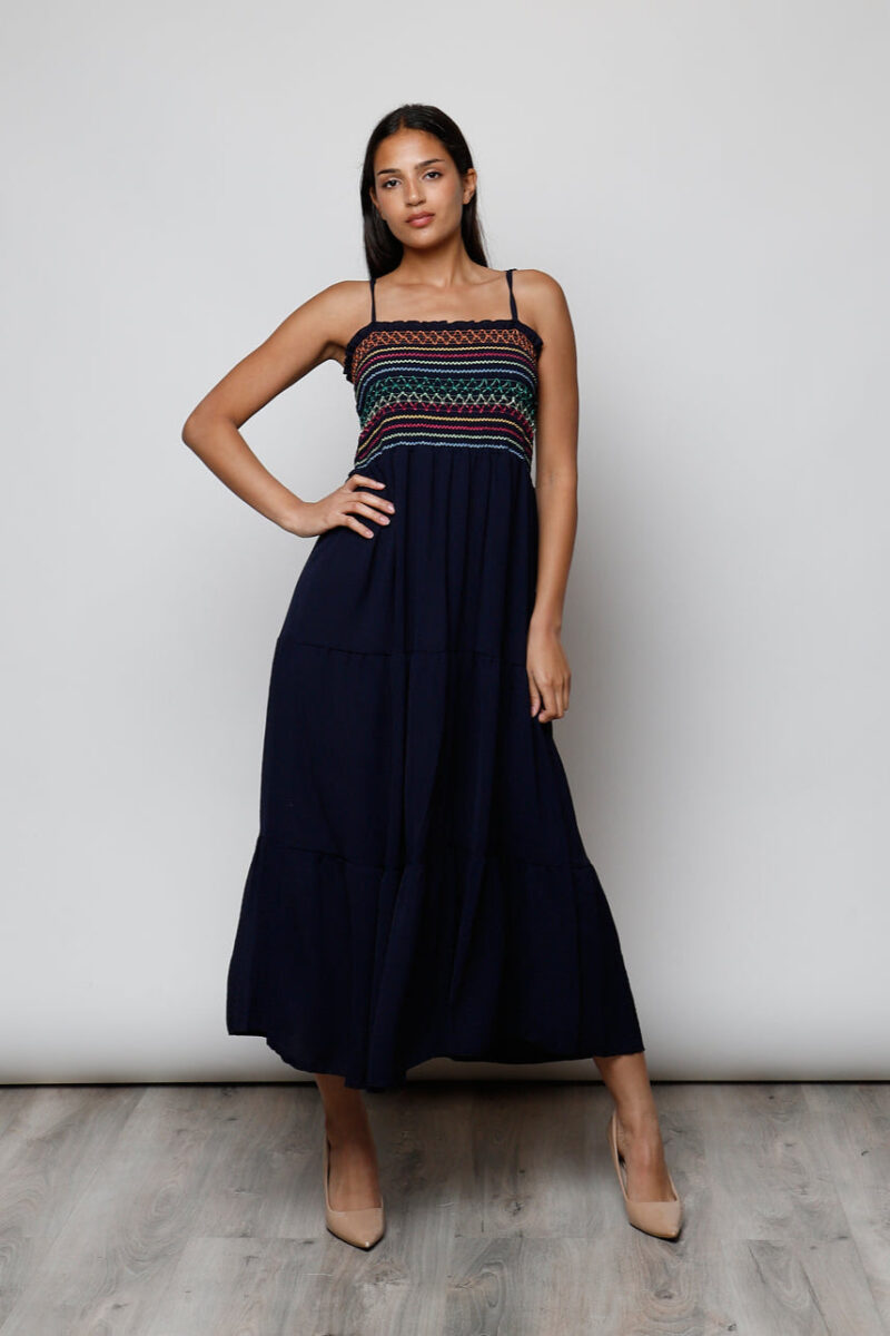 Vestido largo azul marino con bordado multicolor y tirantes ajustables – Maemuki Shop