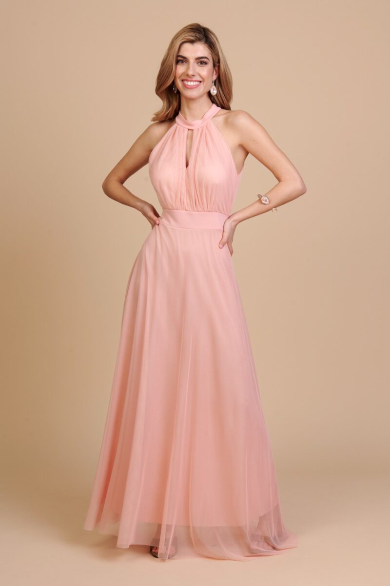 Vestido largo rosa con cuello halter y lazo en la espalda – Maemuki Shop Tenerife