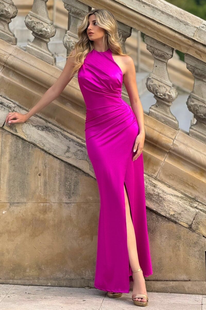 Vestido Granada largo fucsia con escote halter y abertura lateral – Maemuki Shop Tenerife