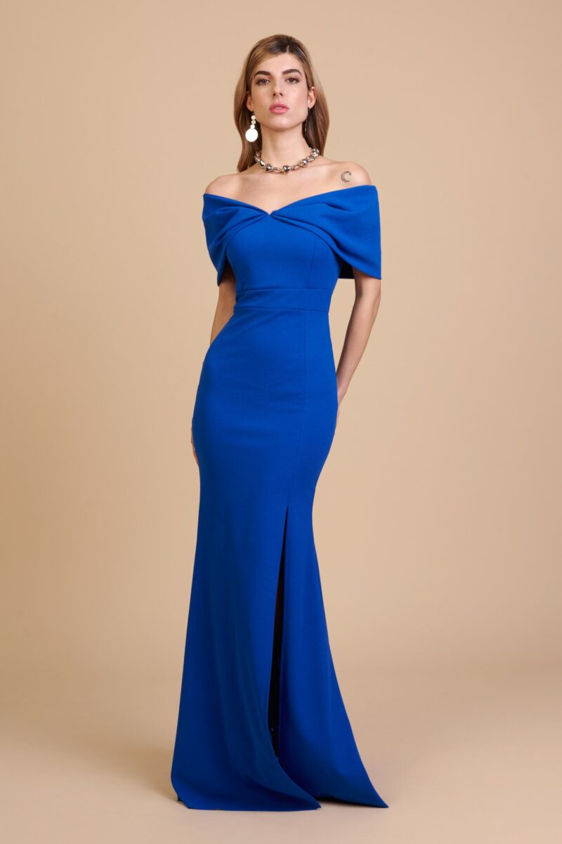 Vestido largo azul elegante con escote bardot y abertura frontal – Maemuki Shop Tenerife