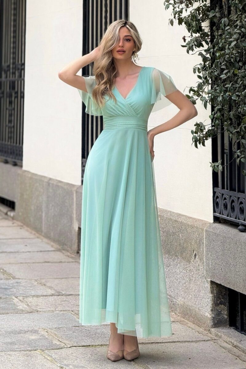 Vestido Silvana largo de gasa color verde menta con mangas de tul – Colección Eventos Maemuki