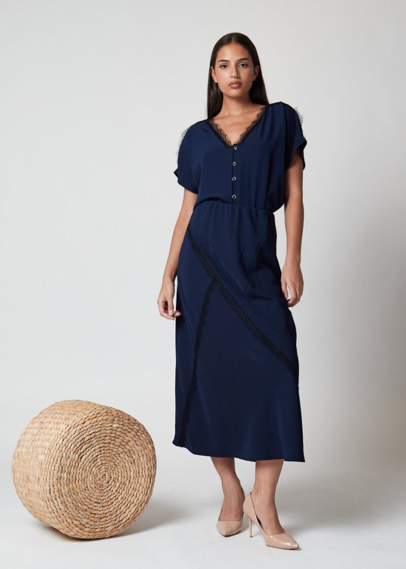 Falda Evani azul marino midi con detalles de encaje para mujer