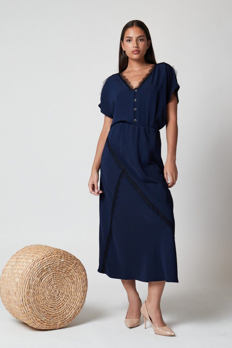 Falda Evani azul marino midi con detalles de encaje para mujer
