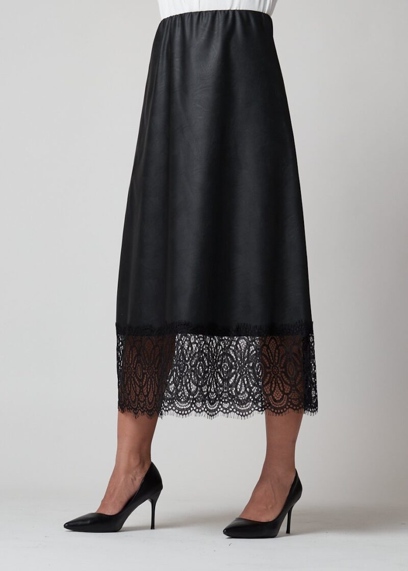 Falda Mónaco midi negra efecto piel con detalle de encaje en el bajo, estilo casual elegante para mujer