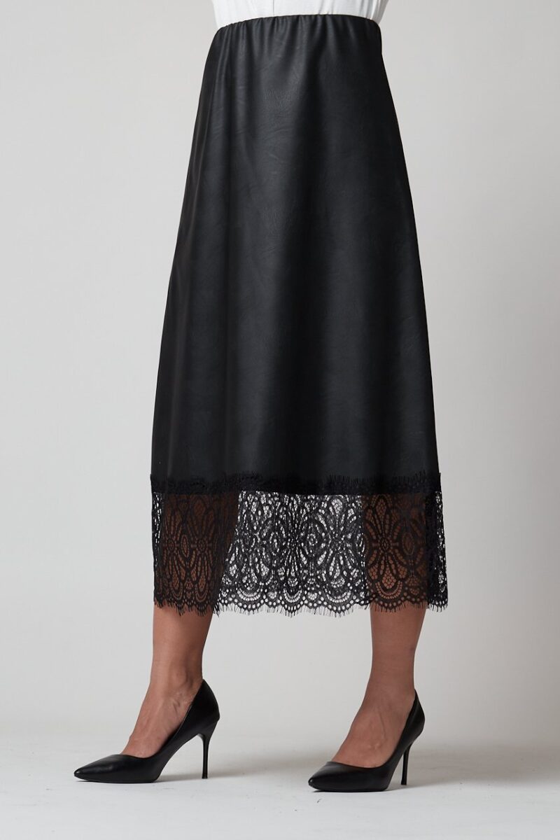 Falda Mónaco midi negra efecto piel con detalle de encaje en el bajo, estilo casual elegante para mujer