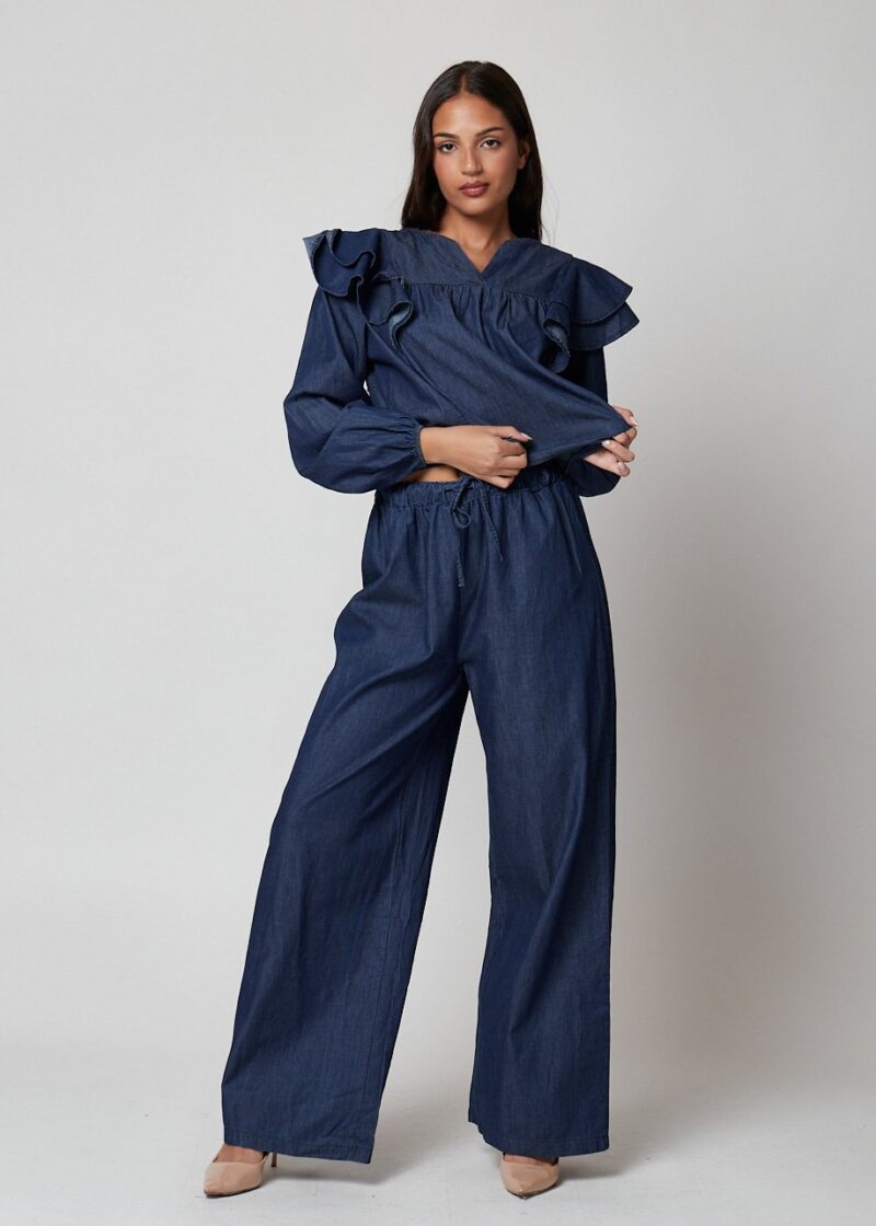 Pantalón Marine denim azul marino ancho con cintura elástica y pierna fluida