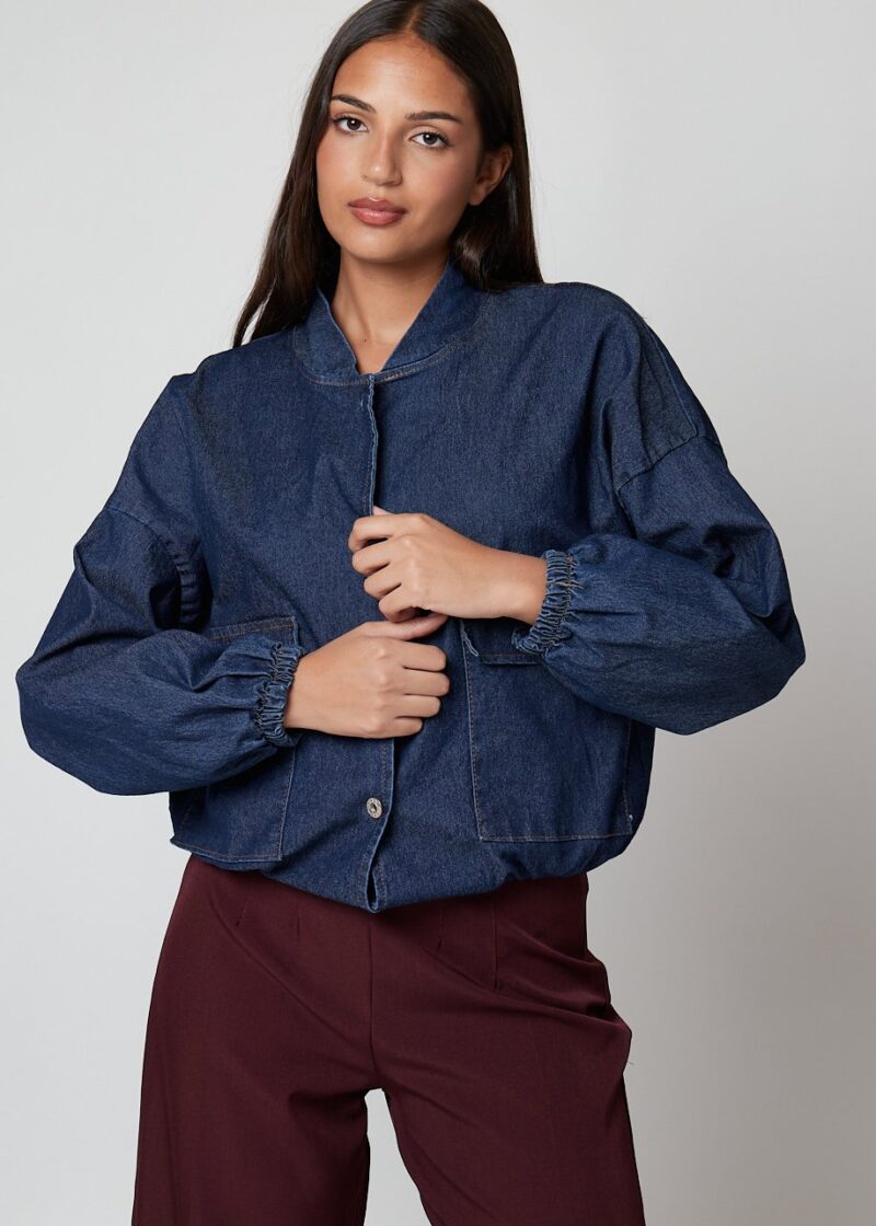Chaqueta Dora denim oversize casual para mujer con bolsillos y mangas abullonadas