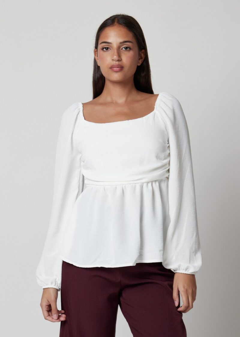 Blusa Annie blanca casual para mujer con escote cuadrado y mangas largas