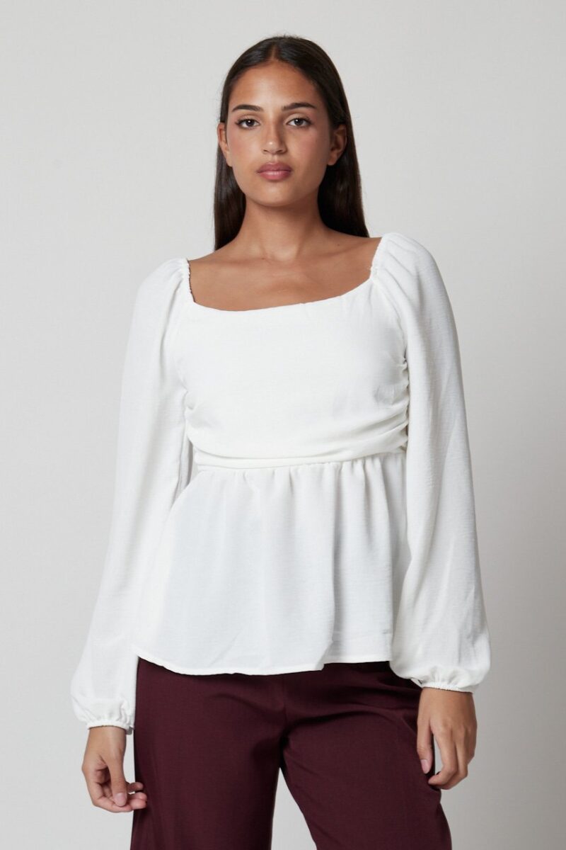 Blusa Annie blanca casual para mujer con escote cuadrado y mangas largas