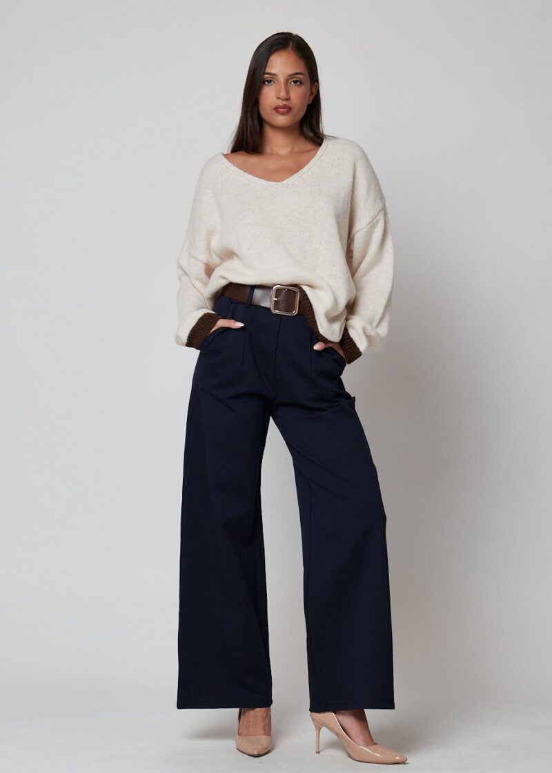 Pantalón Sorella azul marino de corte ancho y tiro alto, estilo casual chic