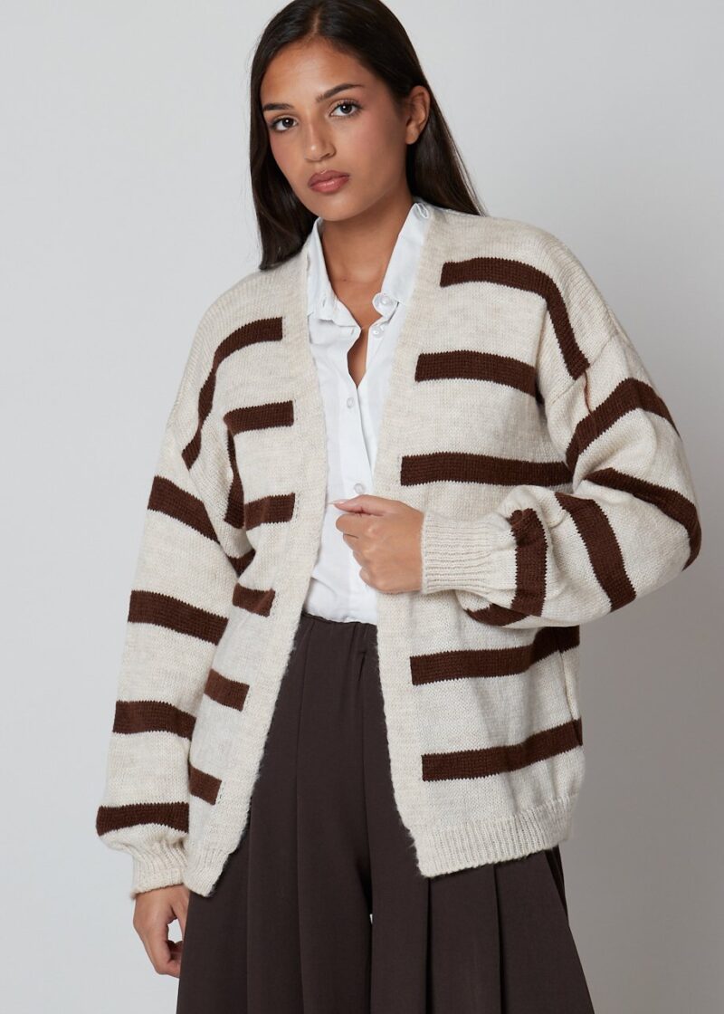 Cardigan Corden de punto en rayas beige y marrón para mujer, estilo casual chic.