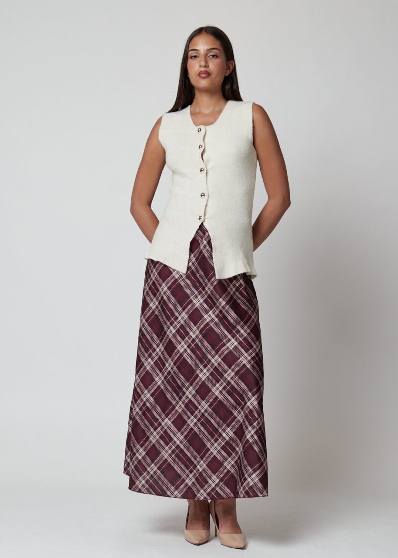 Falda Vegas larga de cuadros burdeos y beige para mujer, estilo casual chic.