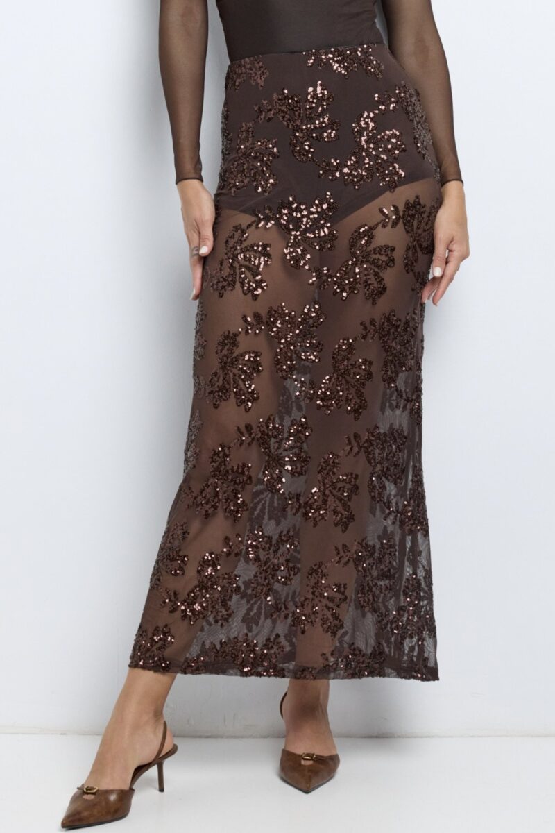Falda midi de tul transparente con lentejuelas color bronce – Falda Broncea colección Party